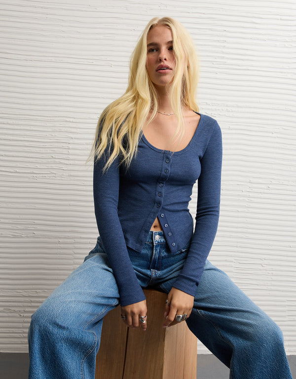 Camiseta Manga Larga con Botones Ae - Azul