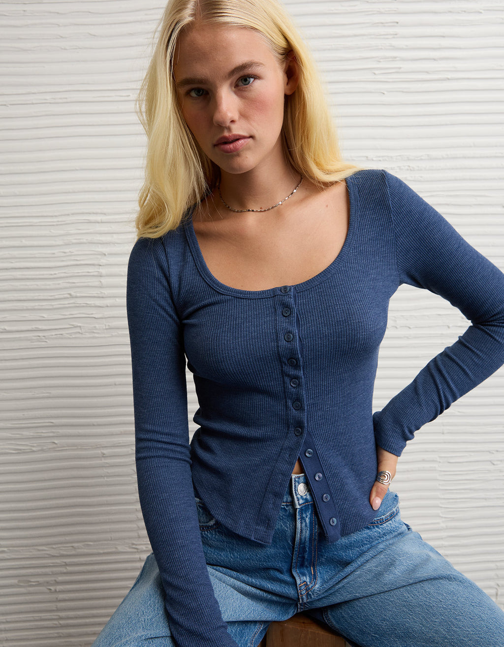 Camiseta Manga Larga con Botones Ae - Azul 3376_1514_911_of