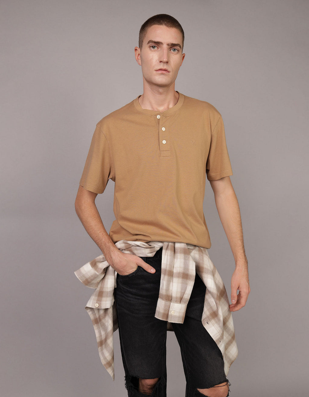Polo sin Cuello cuello Henley manga corta Hombre AE - Caqui 4165_1740_273_of