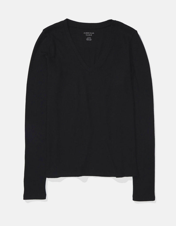 Polo sin Cuello manga larga cuello V Mujer AE - Negro