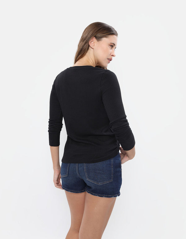 Polo sin Cuello manga larga cuello V Mujer AE - Negro
